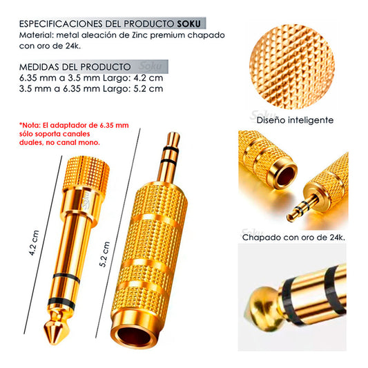 Clavija Jack 6.35 Y Adaptador 3.5mm Sonido Estereo Pro 24k