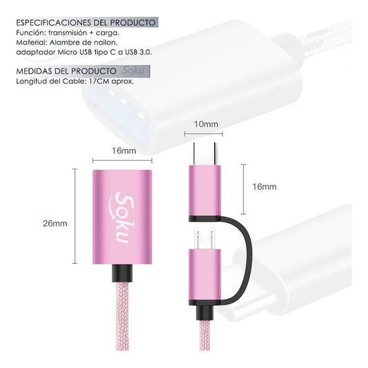 Cable 2 En 1 Adaptador Micro Usb V8 Tipo C A Usb 3.0 Otg