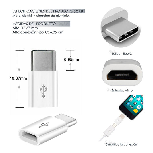 Soku 2 Adaptadores Tipo C A Micro Usb V8 2.0 Universal