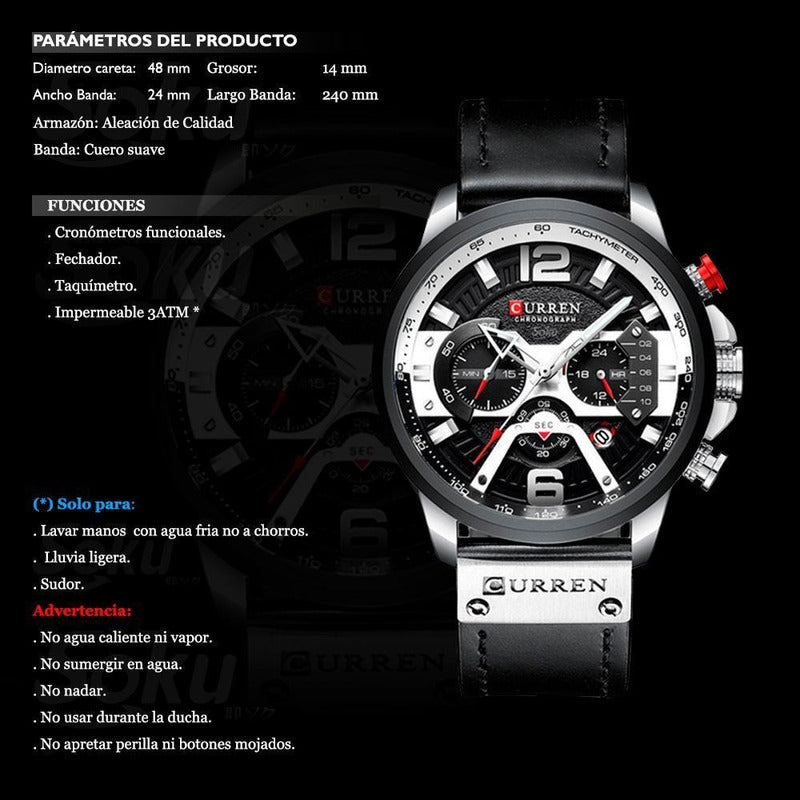 Reloj Cuero Lujo Cronometro Original Calendario Taquímetro C