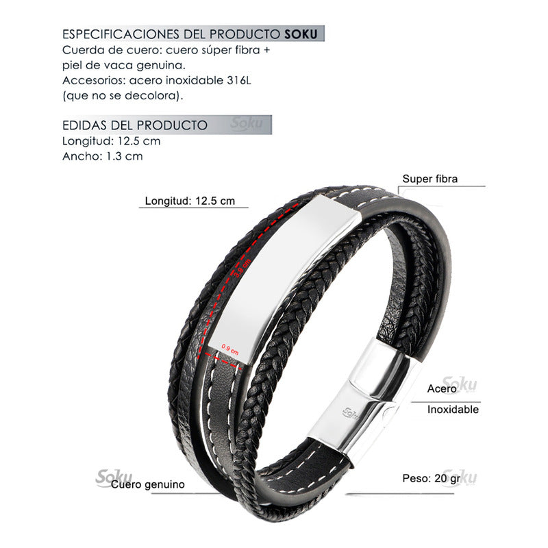 Soku Pulsera Personalizada Piel Acero Inoxidable Titanio
