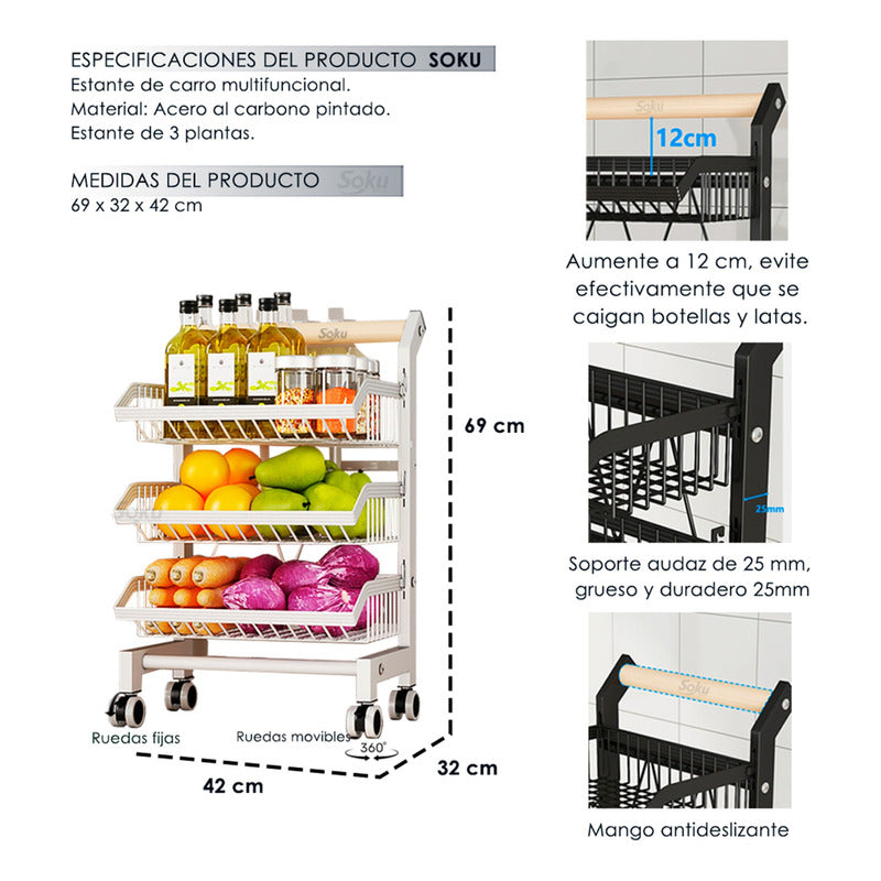Soku Carrito Cocina 3 Niveles Acero Reforzado Duradero