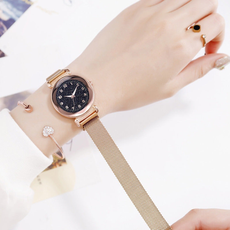 Reloj Mayoreo Iman Metal Magnetico Flor Cristal Brilla Noche