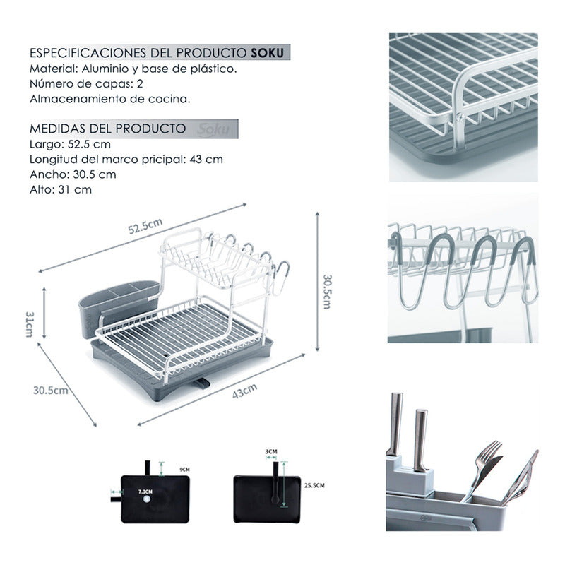 Escurridor Seca Trastes 2 Niveles Aluminio Cubiertos Charola