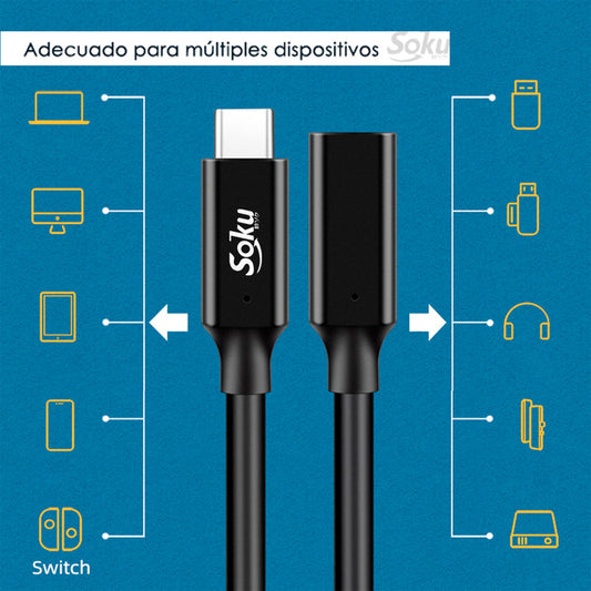 Soku Cable Pro Usb3.1 Tipo C A Hembra Pd 5a 100w 4k 10gbps