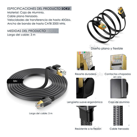 Soku Cable Rj45 Cat8 Gamer Oficina Ultra Veloz 40g Uso Rudo