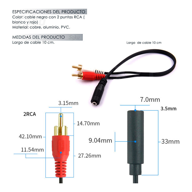 Cable Adaptador Estereo 2 Rca Machos A Aux 3.5mm Hembra