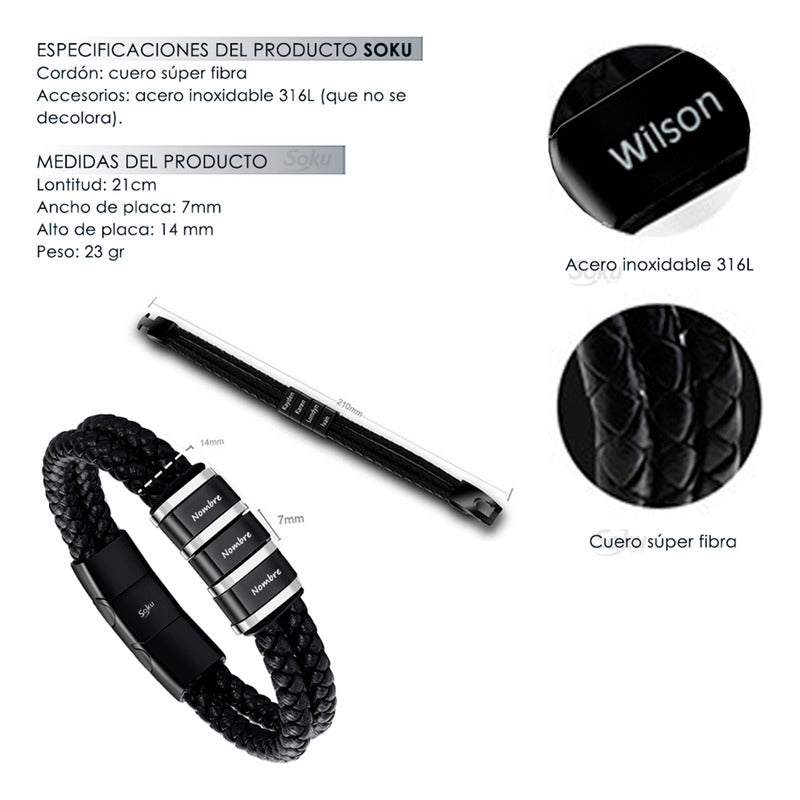 Soku Pulsera Personalizada Piel Acero Inoxidable Titanio