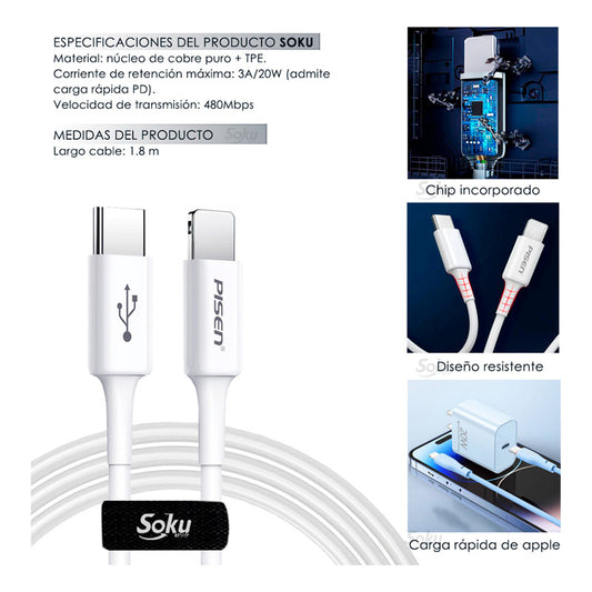 Soku Cable Para iPhone Carga Rapida Pd 3a 20w 100% Cobre