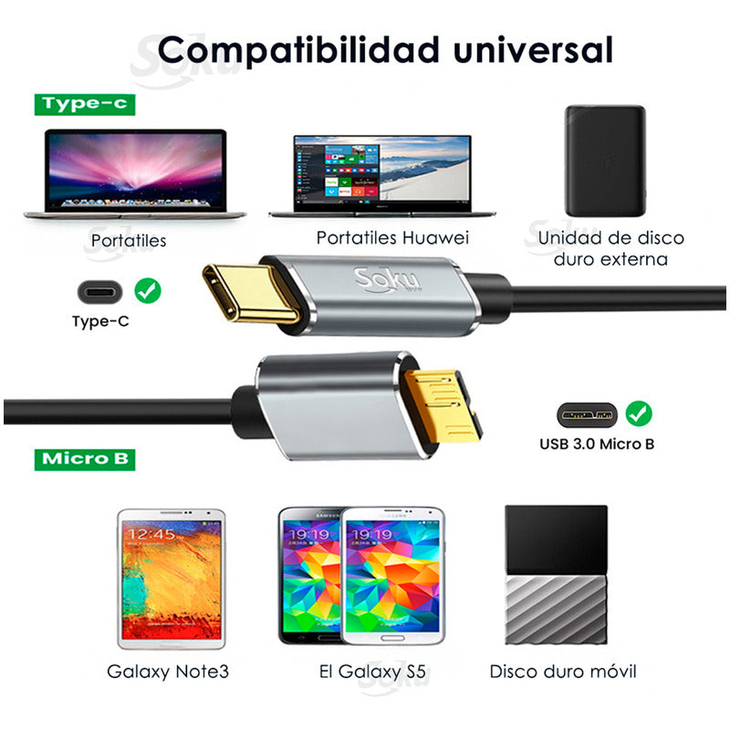 Soku Cable Usb Tipo C 3.0 A Micro B Datos Extra Rapido 5gbps