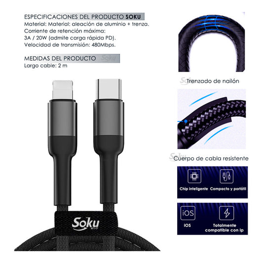 Soku Cable Pro Lighting A Usb C 3a 27w Pd Rudo Para iPhone