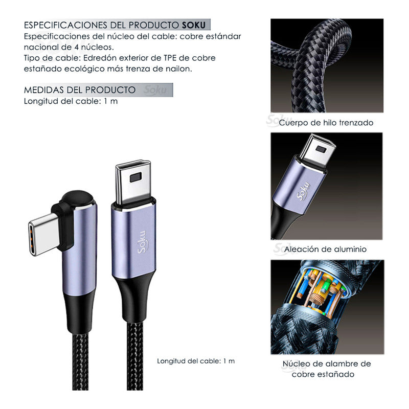 Soku Cable Tipo C A Mini Usb Datos Carga Rapida Disco Camara