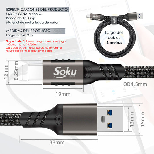 Cable Usb 3.2 A Tipo C Carga D 3a 60w 10gbps Para Samsung