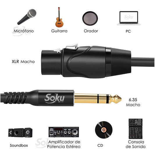 Cable Jack 6.35 Macho A Xlr Macho Microfono Ts Hifi 24k Soku