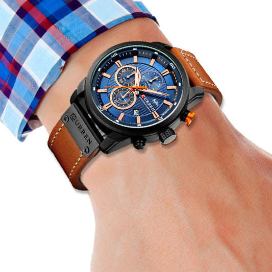 Reloj Cronometro Piel Real Acero Mov Japones Contra Agua Cu