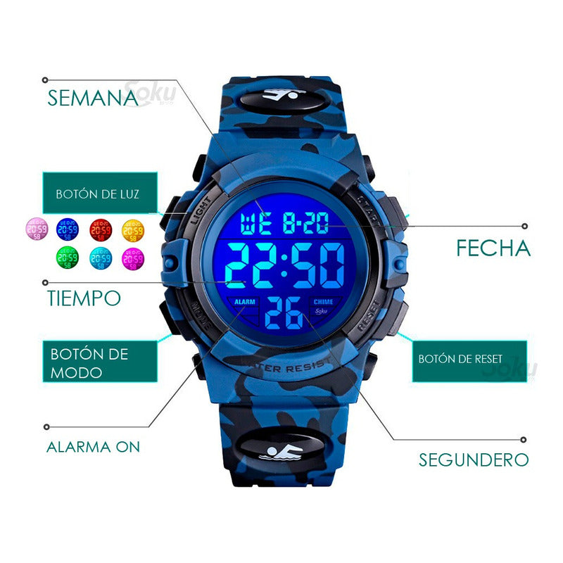 Reloj Niños Deportivo Led Contra Agua Camuflaje Militar Nado
