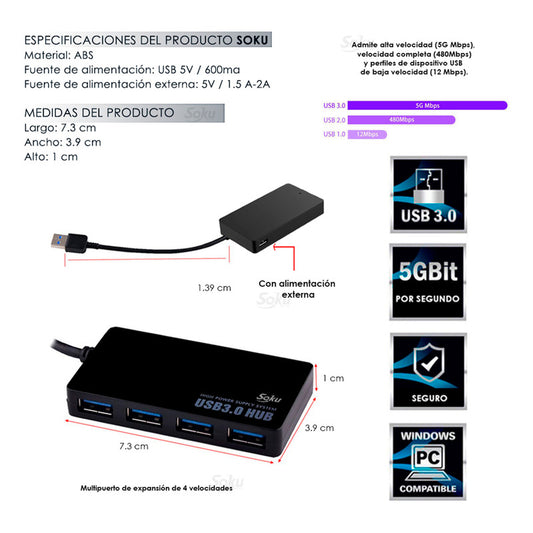 Multicontacto Hub 3.0 Usb Concentrador Para Pc/mac/xbox