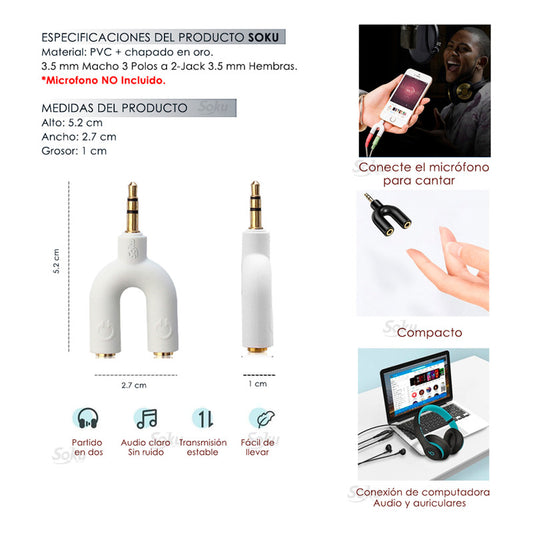 Soku Mini Adaptador Divisor Audio Microfono Bocinas Calidad