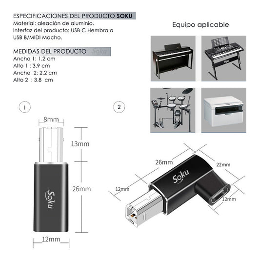 2 Adaptador Usb B Midi A Usb Tipo C Impresora Piano Musical