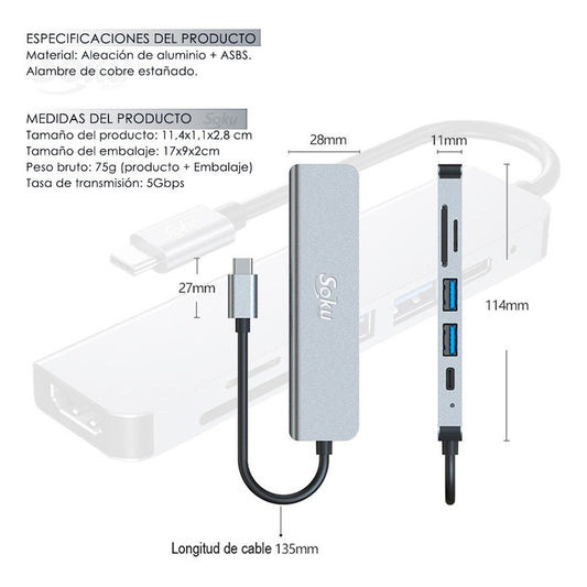 Hub Adaptador Tipo C 6 En 1 Usb 3.0 Hub Con Hdmi Sd Tf Pd