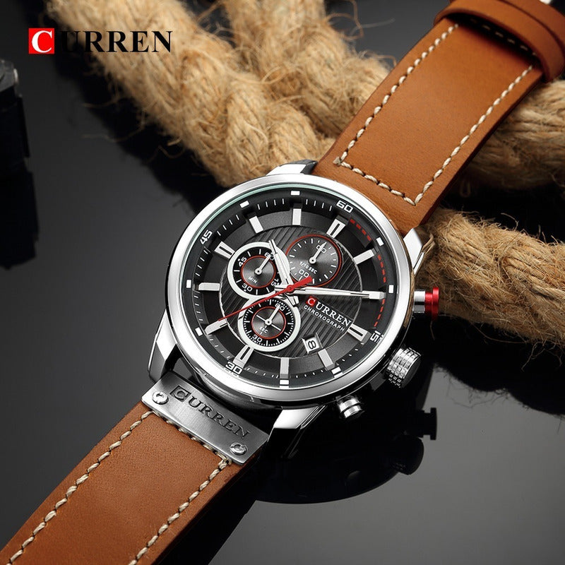 Reloj Cronometro Piel Real Acero Mov Japones Contra Agua Cu