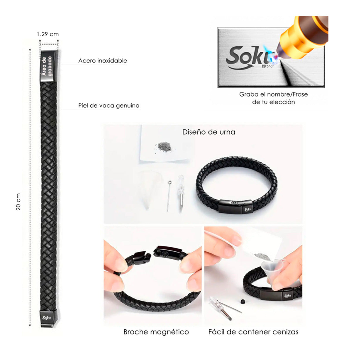 Soku Pulsera Cenizas Cuero Genuino Personalizada Inoxidable