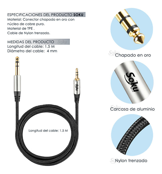 Soku Cable Amplificador Estéreo Trs 3.5 Mm A 6.35 Multimedia