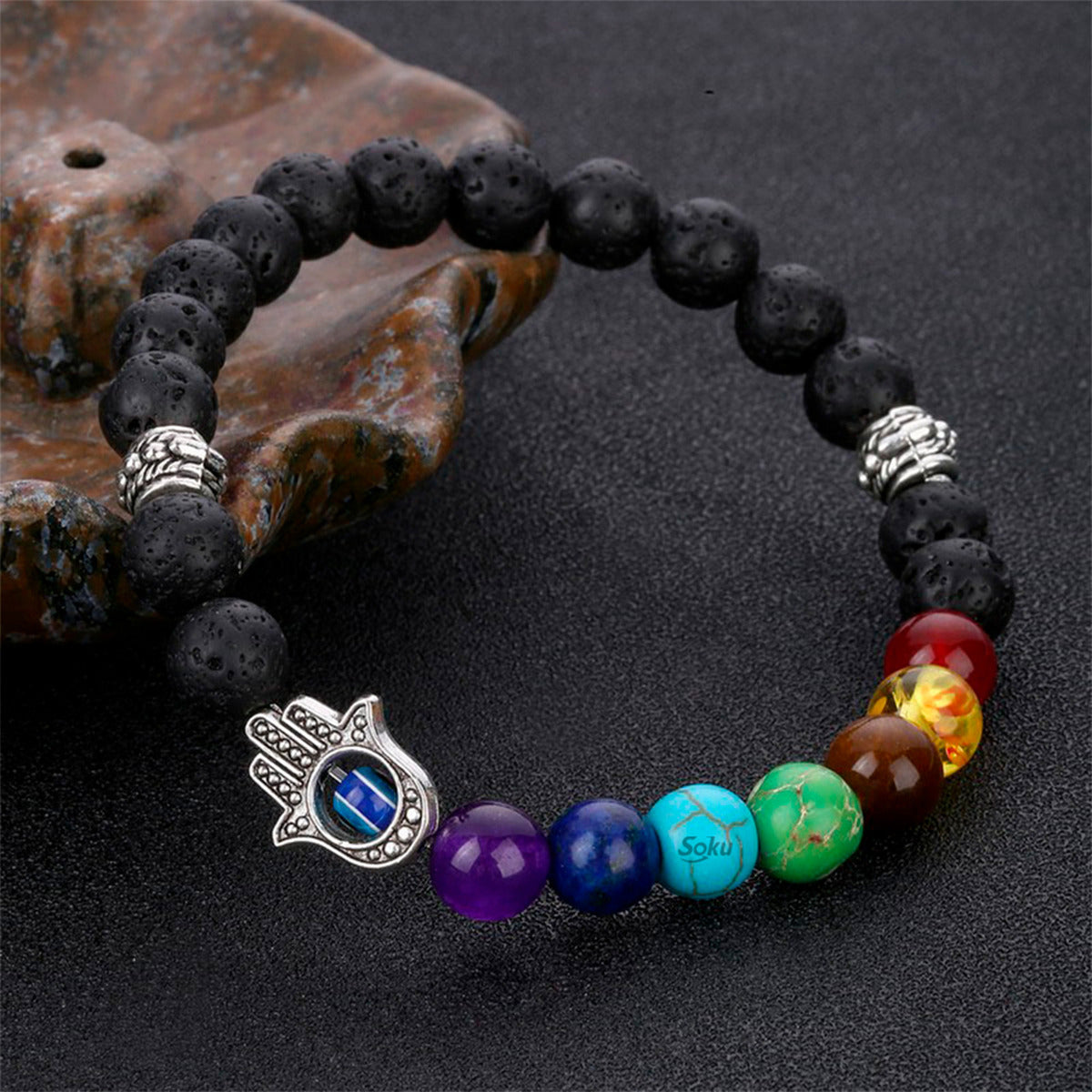 Pulsera Yoga Piedra Lava Natural Energía 7 Chakras Ojo Mano