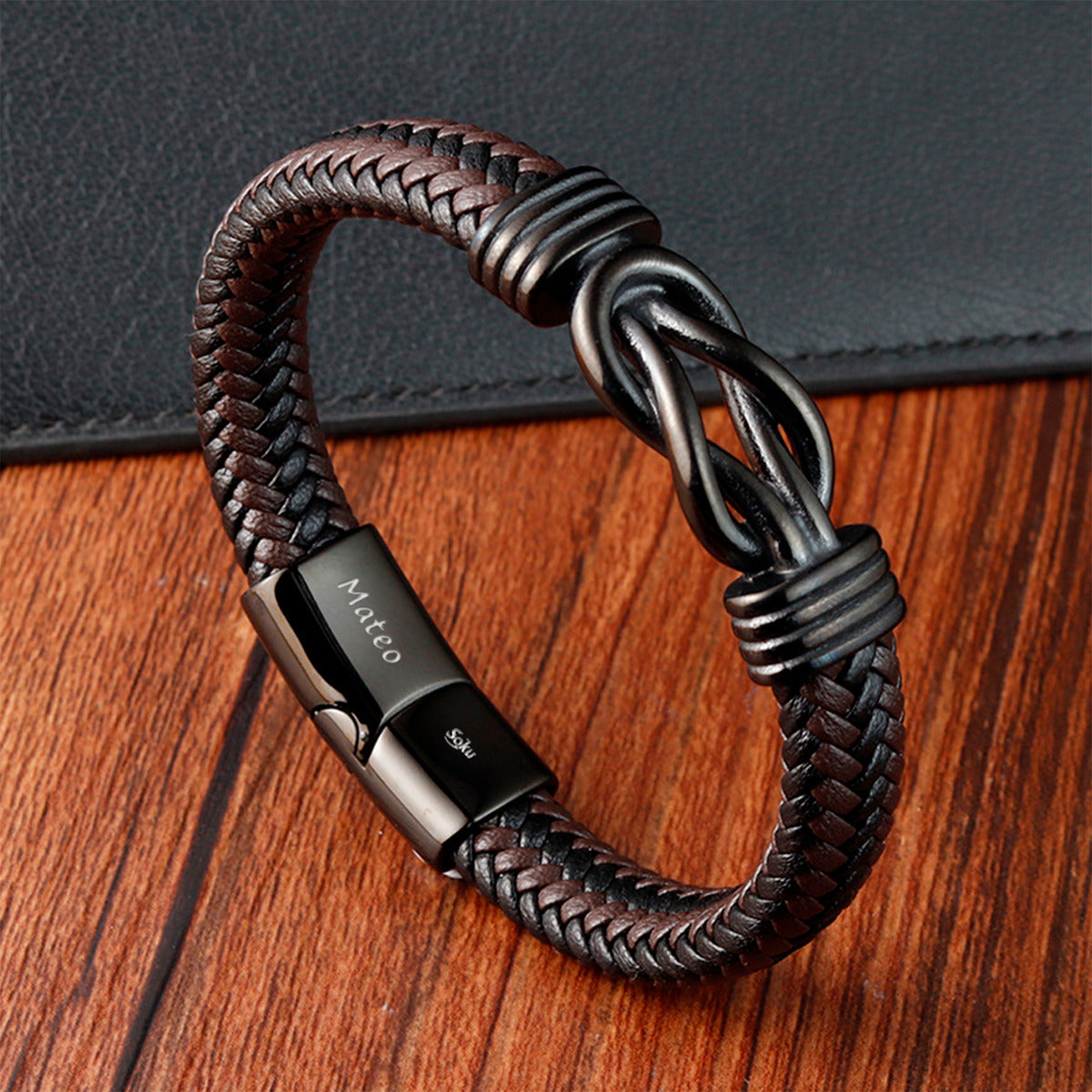 Soku Pulsera Cuero Genuino Personalizada Infinito Inoxidable