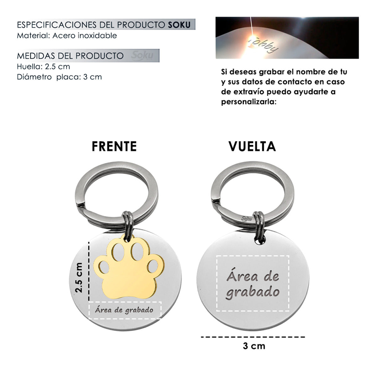 Soku Placa Personalizada Perro Gato Inoxidable Premium +