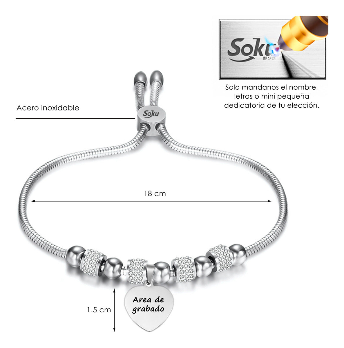 Soku Pulsera Personalizada Zirconias Corazon Inoxidable