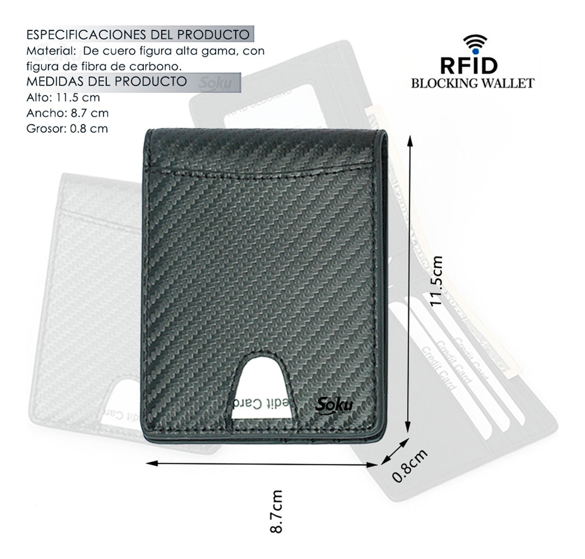 Cartera Billetera Fibra Carbono Antirrobo Piel Genuina Rfid
