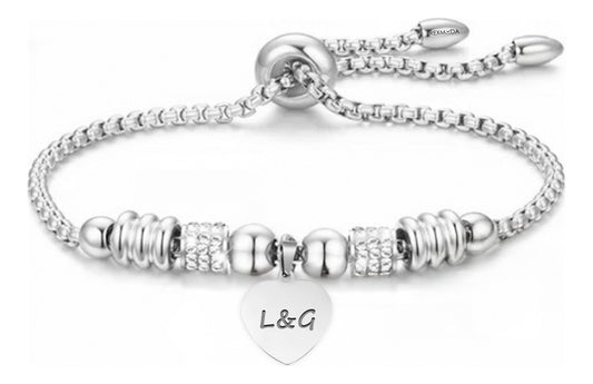 Pulsera Brillantes Corazon Personalizada Acero Inoxidable