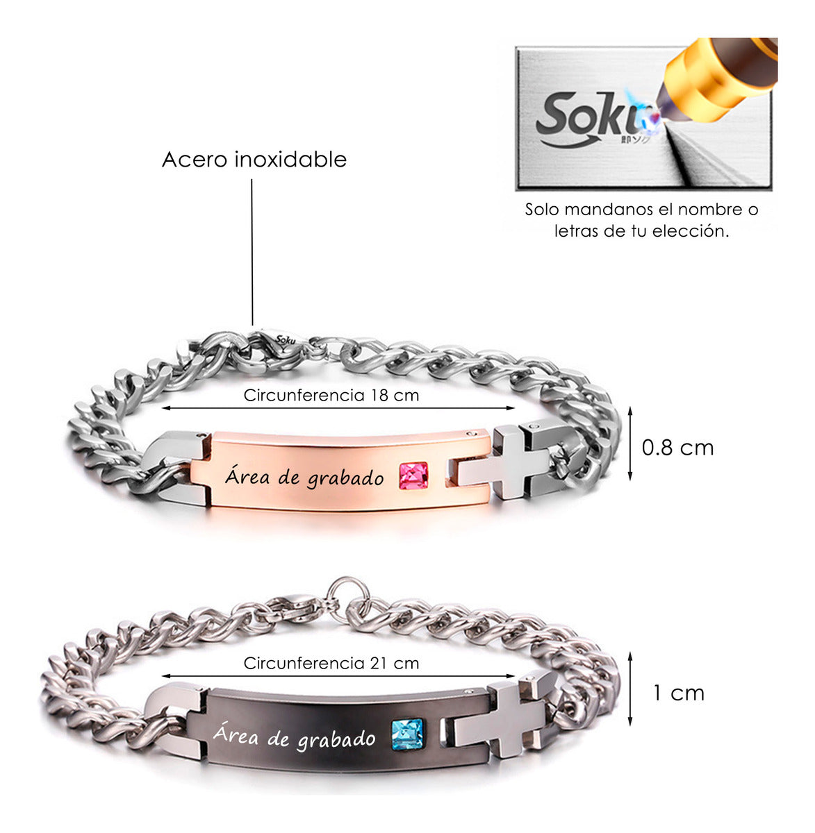 2 Pulseras Parejas Personalizada Cruz Inoxidable Por Vida