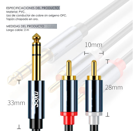Soku Cable 2 Rca A 6.35mm Amplificador Mezcladora Dj Hifi 2m