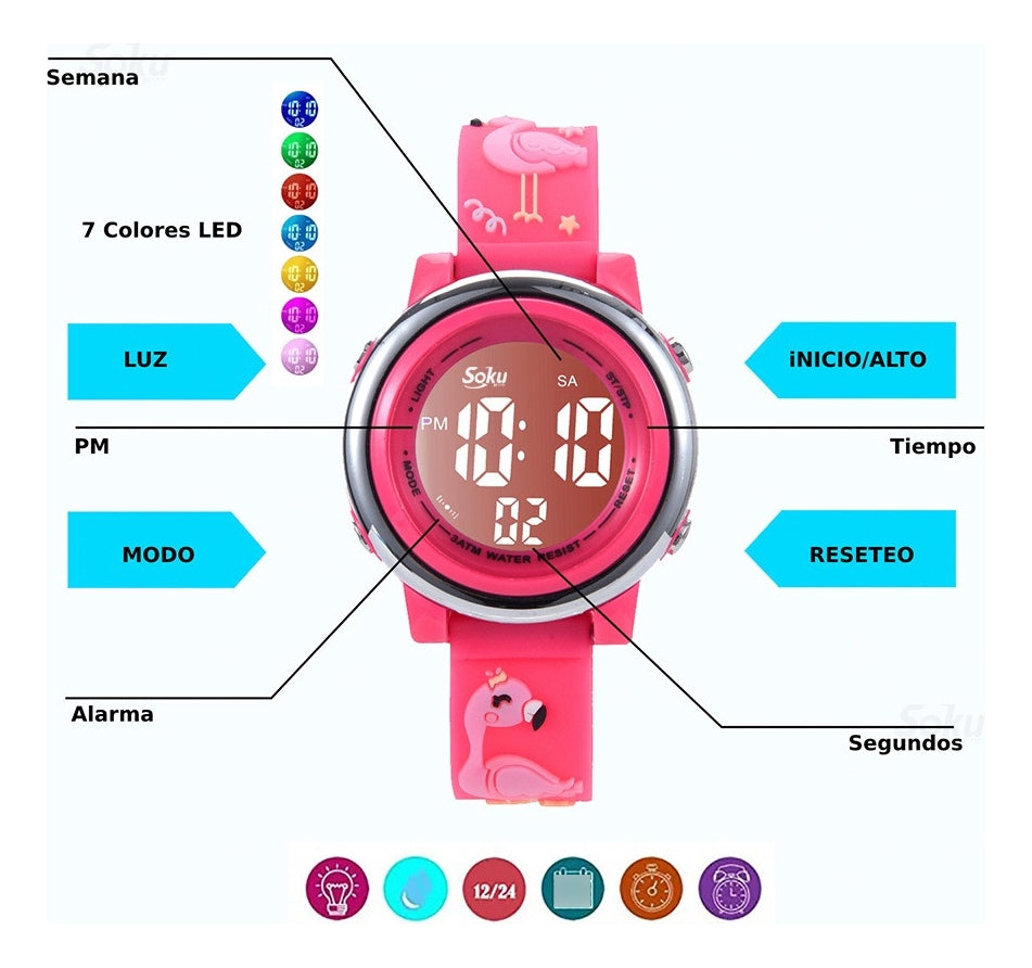 Reloj Infantil Caricaturas 3d Niña Kawaii Contra Agua Led