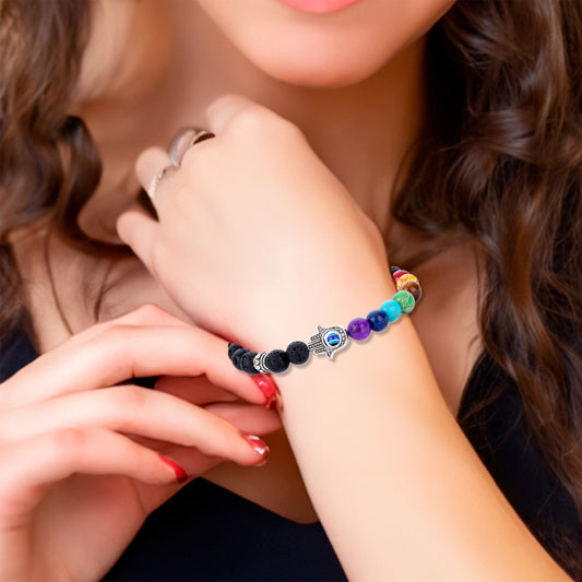 Pulsera Yoga Piedra Lava Natural Energía 7 Chakras Ojo Mano