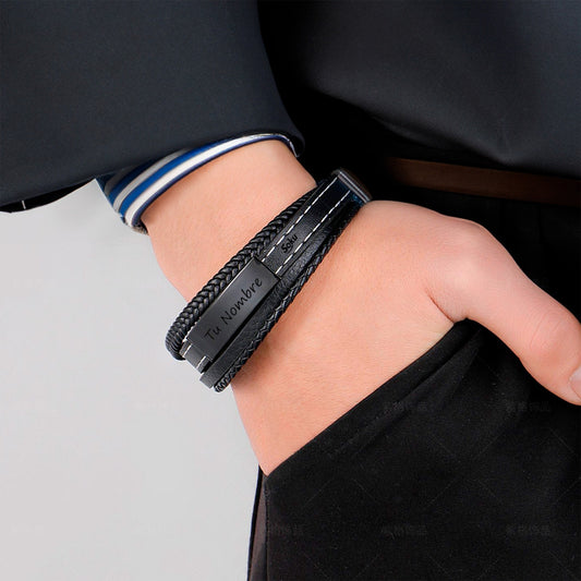 Pulsera Personalizada Piel Acero Inoxidable Titanio