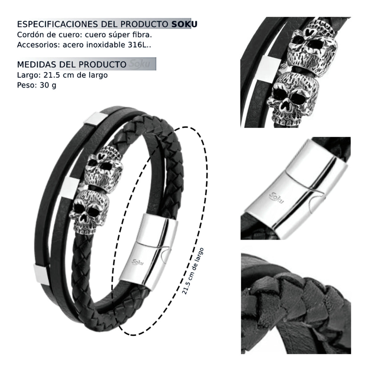Soku Pulsera Personalizada Craneos Inoxidable Micro Piel