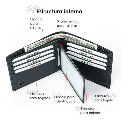 Cartera Piel Genuina Interior Microfibra Carbono Antirrobo