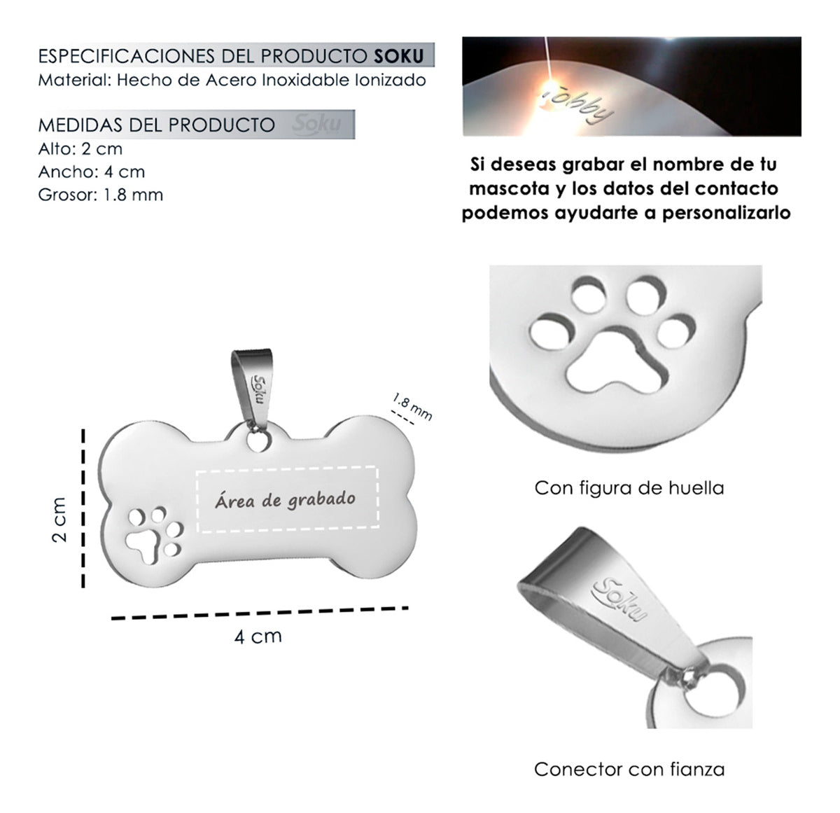 Soku Placa Personalizada Perro Huella Gato Tag Inoxidable
