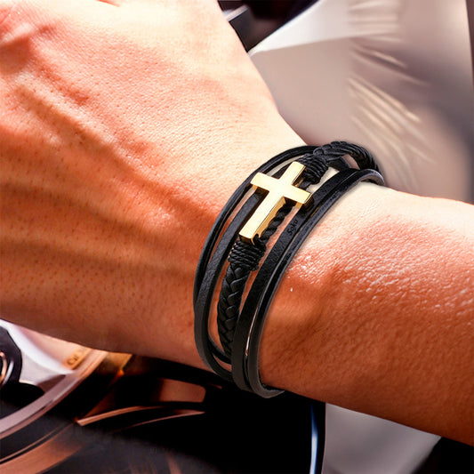 Pulsera Cruz Personalizada Piel Acero Inoxidable