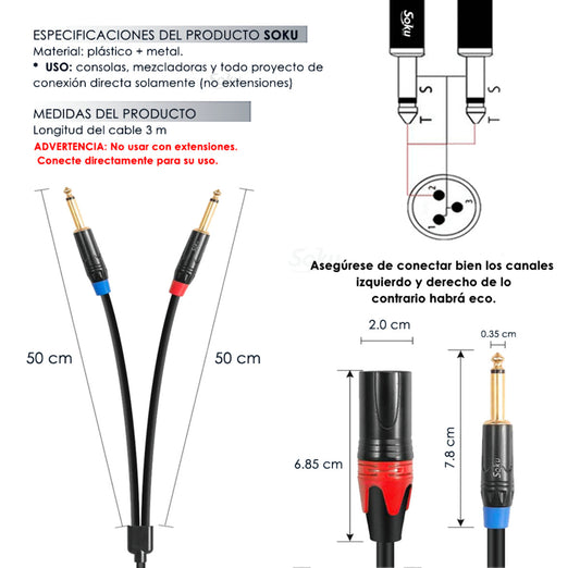 Cable Audio Dual Ts 6.35 A Xlr 3 Pines Hifi Premium 24k Soku