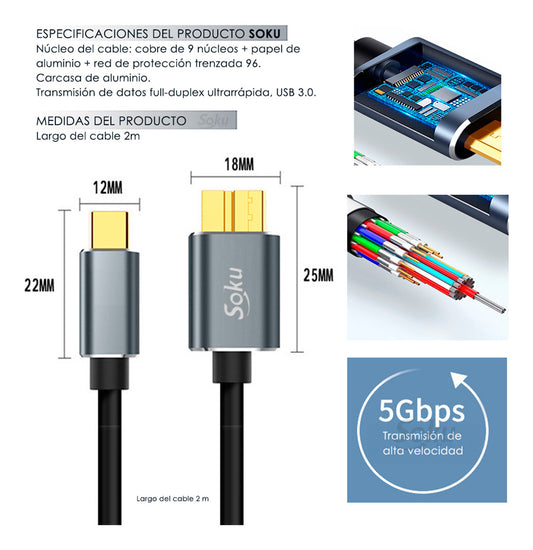 Soku Cable Disco Duro Usb 3.0 Tipo C A Micro B Rapido 5gbps