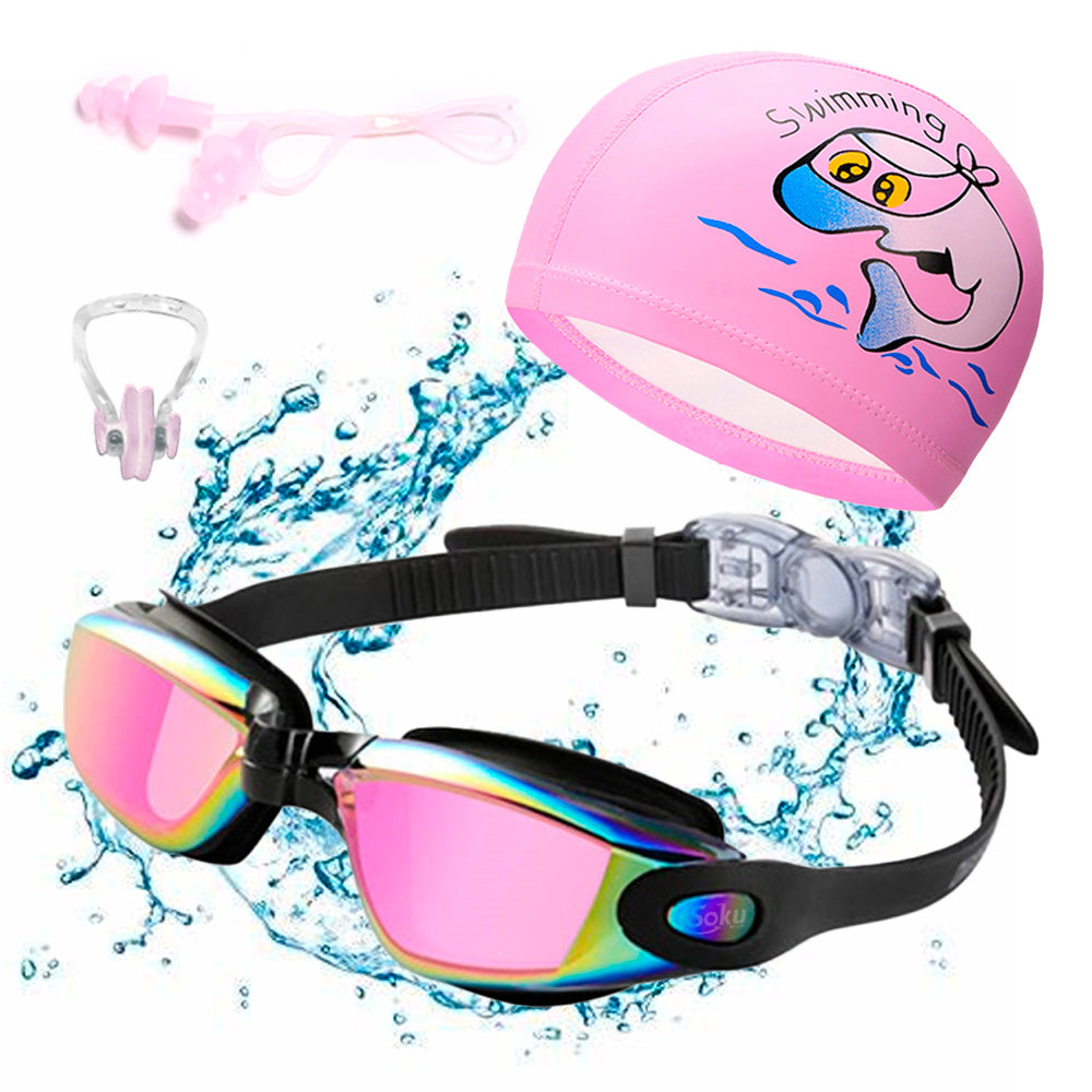 Set Natación Gorra Tapones Gafas Ajustables Niños 2-14 Años