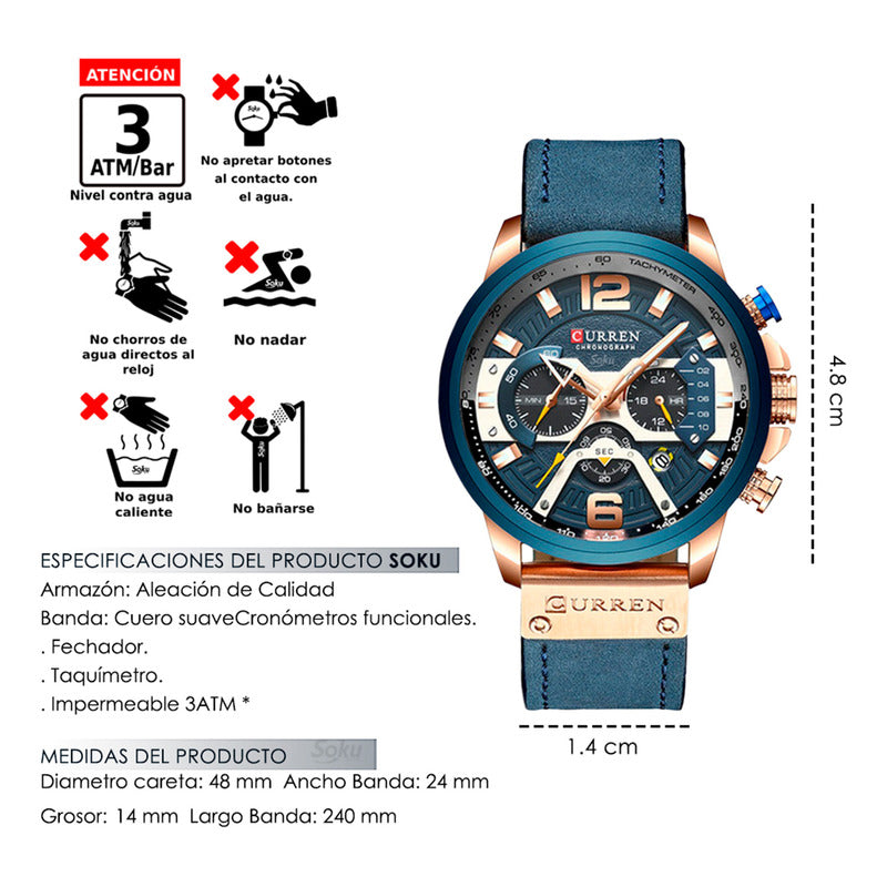 Reloj Cuero Lujo Cronometro Original Calendario Taquímetro C