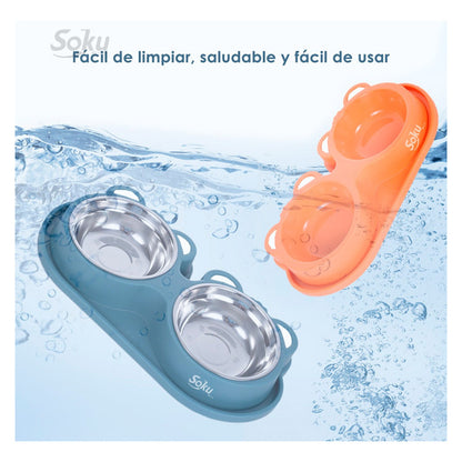 Tazon Doble Plato Para Perro Antiderrapante Acero Inoxidable