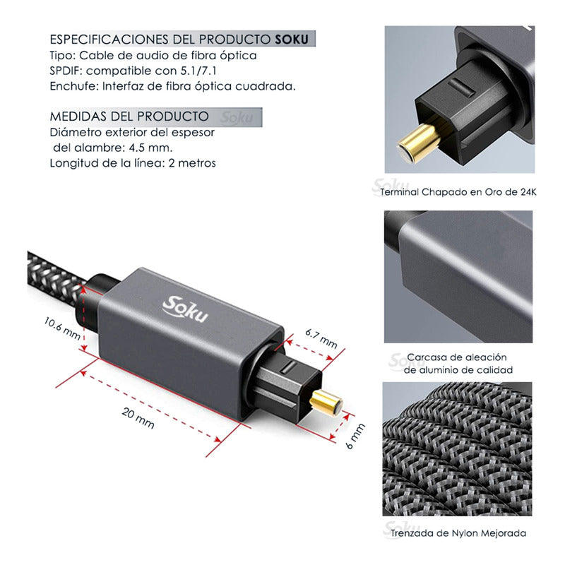 Soku Cable Audio Fibra Óptica Estéreo Digital 7.1 Hifi