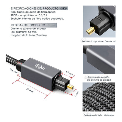 Soku Cable Audio Fibra Óptica Estéreo Digital 7.1 Hifi