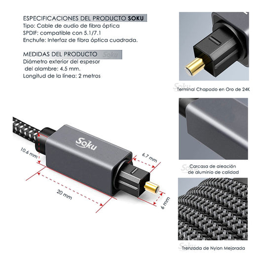 Soku Cable Audio Fibra Óptica Estéreo Digital 7.1 Hifi